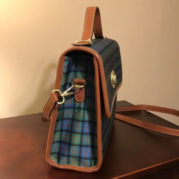 Estate Tartan Plaid Leather  Handle Crossbody Bag Blue and Green NWOT - Picture 2 of 7